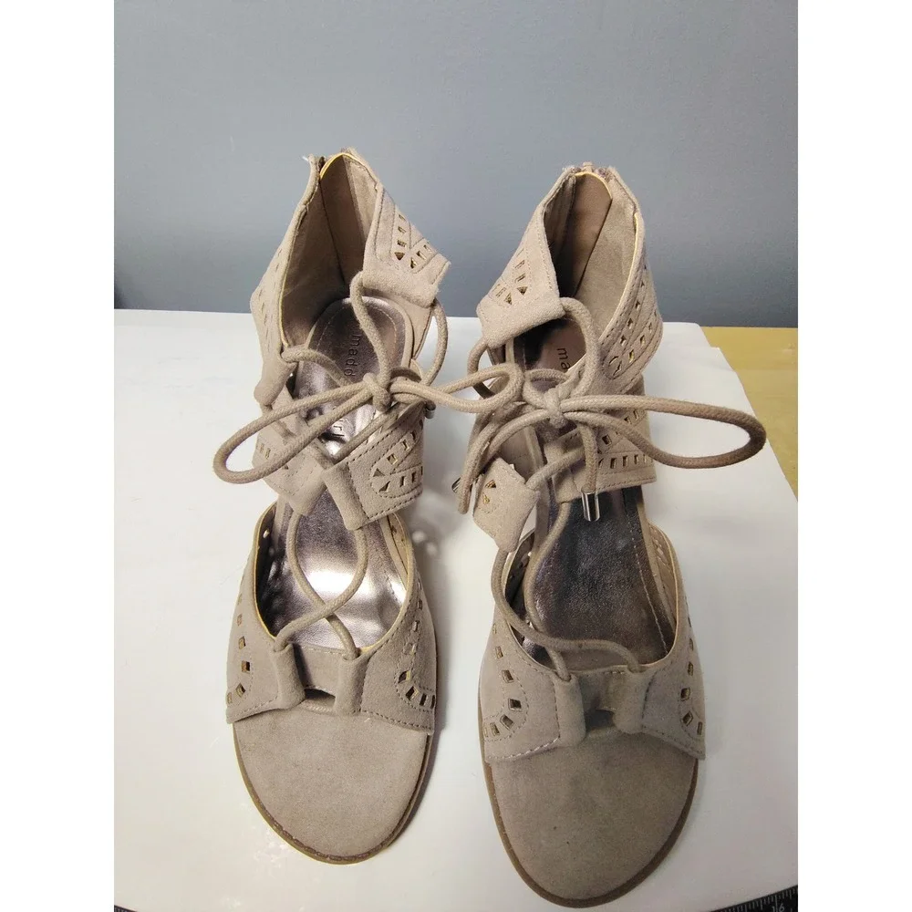 Madden Girl‎ RALLY Taupe Faux Suede Lace Up Cork Wedge Sandals Women 7.5 M